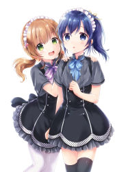 Rule 34 | 2boys, :d, :o, androgynous, bad id, bad pixiv id, black dress, black legwear, black skirt, blouse, blue eyes, blue hair, blue ribbon, blush, bow, brown hair, dress, green eyes, grey shirt, hair bow, hair ribbon, hand up, hands on another&#039;s shoulders, hands on shoulders, high-waist skirt, kona (canaria), long hair, looking at viewer, low twintails, maid, maid headdress, male focus, mars symbol, multiple boys, neck ribbon, open mouth, original, pantyhose, parted lips, pinafore dress, pink ribbon, ponytail, ribbon, shirt, short hair, short sleeves, short twintails, simple background, skirt, sleeveless dress, smile, standing, tareme, thighhighs, trap, tress ribbon, twintails, white background, white legwear, yellow bow, zettai ryouiki