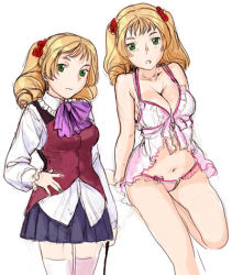 Rule 34 | 2girls, blonde hair, breasts, camisole, cleavage, drill hair, green eyes, large breasts, lingerie, lowres, medium breasts, multiple girls, navel, nekomata naomi, original, panties, priceless, ribbon, short twintails, sketch, thighhighs, twintails, underwear