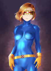 Rule 34 | 10s, 1girl, animification, arms at sides, belt, blonde hair, bodysuit, breasts, buckle, closed mouth, collarbone, covered erect nipples, covered navel, cyclops (x-men), expressionless, genderswap, genderswap (mtf), gloves, goggles, legs apart, lips, marvel, midriff, red background, short hair, simple background, skin tight, solo, ueyama michirou, x-men, yellow gloves