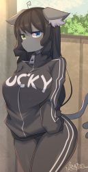 Rule 34 | 1girl, ahoge, animal ear fluff, animal ears, artist name, black hair, black jacket, black pants, blue eyes, blue sky, blush, body fur, breasts, cat ears, cat girl, cat tail, closed mouth, clothes writing, cloud, day, drill hair, ears down, english text, female focus, fence, forked tail, furry, furry female, green eyes, half-closed eyes, heterochromia, highres, jacket, large breasts, light blush, long hair, long sleeves, looking at viewer, original, outdoors, pants, ryuusui arumo, signature, sky, sleeves past wrists, solo, tail, track jacket, track pants, track suit, tree, twin drills, wide hips, zipper pull tab