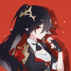 Rule 34 | 1girl, black shirt, breasts, cleavage, cleavage cutout, closed mouth, clothing cutout, flower, fu hua, fu hua (blood voivode), fu hua (shadow knight), hair between eyes, hair flower, hair ornament, high ponytail, holding, honkai (series), honkai impact 3rd, long hair, long sleeves, mangzhi yaoyao, medium breasts, official alternate costume, ponytail, red background, red eyes, red flower, red wine, rose, shadow, shirt, solo, upper body, vampire