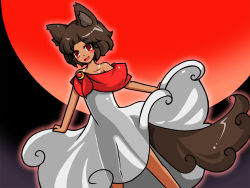 Rule 34 | 1girl, alternate hair length, alternate hairstyle, animal ears, bare shoulders, brown hair, capelet, collarbone, dark skin, dark-skinned female, dress, edowan, fangs, flat chest, full moon, imaizumi kagerou, moon, open mouth, red eyes, see-through silhouette, solo, sundress, tail, tan, touhou, white dress, wolf ears, wolf tail