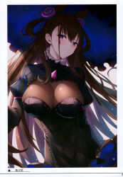 Rule 34 | 1girl, absurdres, black dress, blush, breasts, brown hair, dress, fate/grand order, fate (series), frills, hair ornament, highres, large breasts, long hair, long sleeves, looking at viewer, murasaki shikibu (fate), parted lips, puffy sleeves, purple eyes, rin yuu, scan, simple background, solo, striped, turtleneck, umbrella, upper body