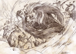 Rule 34 | battle, bear, beorn, brown theme, commentary, english commentary, kazuki-mendou, tolkien&#039;s legendarium, limited palette, open mouth, people, sharp teeth, signature, soldier, teeth, the hobbit, weapon