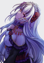 Rule 34 | 1girl, breasts, closed mouth, commission, flower, hair ornament, hairband, hairclip, hand up, heterochromia, highres, jewelry, large breasts, long hair, looking at viewer, necklace, original, purple eyes, red eyes, red flower, red rose, rose, simple background, solo, temachii, very long hair, white background, white hair