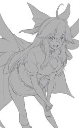 Rule 34 | 1girl, ahoge, bow, breasts, cape, commentary, feet out of frame, greyscale, hair bow, hair flaps, highres, kakone, leaning forward, long hair, looking at viewer, medium breasts, monochrome, one-hour drawing challenge, open mouth, reiuji utsuho, shirt, short sleeves, sidelocks, simple background, skirt, solo, third eye, touhou, wings