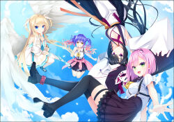 Rule 34 | 4girls, ahoge, angel, angel wings, asymmetrical legwear, bare shoulders, black hair, black headband, black thighhighs, blonde hair, blue eyes, blue hair, blue ribbon, breasts, cleavage, closed mouth, collar, commentary request, cross-laced clothes, cross-laced dress, cross-laced legwear, detached sleeves, dress, eyelashes, fang, feathers, flying, frilled skirt, frills, fringe trim, full body, gradient hair, green eyes, grin, hair between eyes, headband, hoshikawa kaguya, jacket, kobuichi, kohibari kurumi, large breasts, loafers, long hair, looking at viewer, medium breasts, miniskirt, mismatched legwear, multicolored hair, multiple girls, muririn, necktie, official art, open hand, open mouth, outstretched arm, parted bangs, pink hair, pink jacket, pleated skirt, purple skirt, red eyes, ribbon, school uniform, shirayuki noa, shirt, shoes, short hair, sidelocks, skirt, sky, sleeveless, sleeveless dress, sleeves past fingers, sleeves past wrists, smile, straight hair, suspender skirt, suspenders, tanikaze amane, tassel, tenshi souzou re-boot!, thighhighs, thighlet, twintails, two side up, upside-down, very long hair, wavy hair, white collar, white dress, white feathers, white necktie, white shirt, white sleeves, white thighhighs, white wings, wide sleeves, wings, yellow eyes, yellow necktie, yuzu-soft, zettai ryouiki