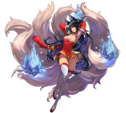 Rule 34 | ahri (league of legends), animal ears, armpits, arms up, black hair, breasts, cleavage, facial mark, fire, fox ears, fox tail, highres, korean clothes, league of legends, long hair, medium breasts, multiple tails, no panties, qbspdl, revealing clothes, simple background, solo, tail, thighhighs, very long hair, white background, white thighhighs, yellow eyes