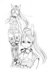 Rule 34 | 1girl, animal ears, antonina kruschinski, breasts, cleavage, extra ears, full body, garrison cap, goggles, goggles around neck, greyscale, harmonica, harness, hat, instrument, long hair, looking at viewer, mecha musume, mechanical legs, medium breasts, military uniform, monochrome, multiple views, music, no pants, nogami takeshi, official art, panties, playing instrument, ponytail, rabbit ears, rabbit girl, simple background, single bang, sleeves rolled up, solo, standing, strike witches (lionheart witch), tail, thigh gap, tsurime, underwear, uniform, white background, white panties, world witches series