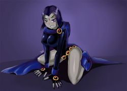 Rule 34 | 1girl, all fours, bad anatomy, blush, boots, breasts, cape, dc comics, fingerless gloves, forehead jewel, gloves, hood, kneeling, large breasts, leotard, looking at viewer, purple eyes, purple hair, raised eyebrow, raven (dc), shadman, short hair, signature, simple background, smile, teen titans, thighs