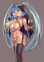 Rule 34 | 1girl, :q, aqua hair, between fingers, bikini, black gloves, black thighhighs, borrowed character, bracelet, breasts, choker, cleavage, commentary, curvy, eu03, eyepatch, front-tie bikini top, front-tie top, garter straps, gloves, green eyes, heart, heart eyepatch, highres, holding, hood, jewelry, large breasts, long hair, looking at viewer, micro bikini, navel, original, simple background, sketch, skindentation, solo, standing, swimsuit, test tube, thick thighs, thighhighs, thighs, tongue, tongue out, twintails, very long hair, white bikini, wide hips