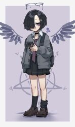 Rule 34 | 1girl, absurdres, black footwear, black nails, black skirt, black socks, border, cellphone, closed mouth, collared shirt, commentary, english commentary, full body, grey jacket, hair ornament, hair over one eye, halo, highres, holding, holding phone, jacket, k-rha&#039;s, kurotama rei, long sleeves, looking at viewer, necktie, open clothes, open jacket, original, outside border, phone, pleated skirt, purple background, purple eyes, purple necktie, shirt, simple background, skirt, smartphone, socks, solo, white border, white shirt, wings, x hair ornament