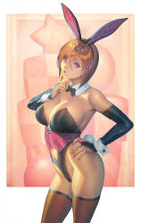 Rule 34 | 1girl, :o, animal ear hairband, animal ears, black bow, black bowtie, black leotard, border, bow, bowtie, breastless clothes, breasts, brown hair, checkered background, elbow gloves, fake animal ears, fake tail, finger to mouth, fingerless gloves, gloves, highres, homare (fool&#039;s art), large breasts, leotard, open mouth, original, paw pose, playboy bunny, purple eyes, rabbit ear hairband, rabbit ears, rabbit tail, red bow, short hair, tail, thighhighs, white border, wrist cuffs