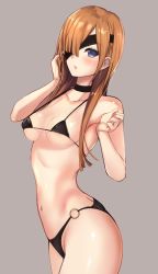 Rule 34 | 1girl, bare arms, bare legs, bare shoulders, bikini, black bikini, blush, breasts, brown hair, eyepatch, fate/grand order, fate (series), grey background, highres, long hair, looking at viewer, medium breasts, ophelia phamrsolone, purple eyes, simple background, solo, standing, stomach, swimsuit, untue