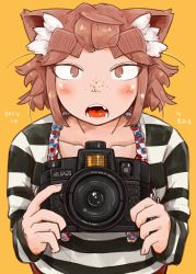 Rule 34 | 1girl, animal ears, blush, brown eyes, brown hair, camera, cat ears, eyebrows, freckles, highres, open mouth, original, san mamiya, short hair, solo, strap, striped, thick eyebrows, yellow background