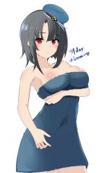 Rule 34 | 1girl, absurdres, beret, black hair, blue hat, breasts, cleavage, commentary request, hat, highres, honma (honmatomohiro), kantai collection, large breasts, naked towel, one-hour drawing challenge, red eyes, short hair, simple background, solo, standing, takao (kancolle), towel, twitter username, white background