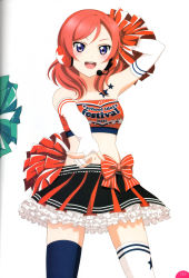 Rule 34 | 10s, 1girl, absurdres, artist request, bandeau, bare shoulders, blush, cheerleader, elbow gloves, fingerless gloves, frills, gloves, headset, highres, looking at viewer, love live!, love live! school idol festival, love live! school idol project, midriff, nishikino maki, non-web source, open mouth, pom pom (cheerleading), purple eyes, red hair, ribbon, scan, simple background, skirt, smile, solo, star (symbol), strapless, takaramonozu, thighhighs, tube top, white background, white gloves, white thighhighs, zettai ryouiki