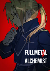 Rule 34 | 1boy, 8kcud, amestris military uniform, blonde hair, blue jacket, closed mouth, copyright name, edward elric, from side, fullmetal alchemist, gloves, hand in pocket, jacket, long hair, long sleeves, male focus, military uniform, ponytail, profile, red background, solo, sweat, uniform, upper body, white gloves, yellow eyes