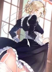 Rule 34 | 1girl, absurdres, apron, azur lane, black dress, blonde hair, braid, clothes lift, collar, commentary request, dress, dress lift, french braid, frilled dress, frills, garter straps, hair ribbon, highres, indoors, juliet sleeves, light particles, long sleeves, looking at viewer, looking back, maid, maid apron, maid headdress, metal collar, mizuno tera, puffy sleeves, ribbon, sheffield (azur lane), solo, thick thighs, thighhighs, thighs, white ribbon, white thighhighs, window, wrist cuffs, yellow eyes