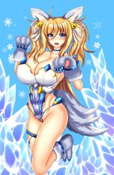 Rule 34 | 1girl, absurdres, animal ears, animal hands, artist request, bell, blonde hair, blue background, blue leotard, blush, boots, breasts, cat ears, choker, cleavage, collarbone, fake animal ears, fang, fur boots, gloves, grey footwear, grey gloves, hair bell, hair ornament, hair ribbon, highleg, highleg leotard, highres, ice, large breasts, leotard, long hair, looking at viewer, multiple tails, onizaki kirara, open mouth, paw gloves, ribbon, shiny skin, smile, snowflakes, solo, tail, taimanin (series), taimanin rpgx, thigh strap, thong leotard, twintails