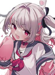 Rule 34 | 1girl, armband, black ribbon, blue sailor collar, blush, collar, drill hair, fang, grey hair, hair ribbon, heart, highres, jacket, karunabaru, long hair, looking at viewer, makaino ririmu, makaino ririmu (4th costume), multicolored hair, neckerchief, nijisanji, off shoulder, open clothes, open jacket, open mouth, pink hair, pink jacket, pointy ears, red collar, red eyes, red neckerchief, ribbon, sailor collar, school uniform, serafuku, shirt, simple background, sketch, skin fang, sleeves past fingers, sleeves past wrists, solo, streaked hair, two-tone hair, two side up, upper body, virtual youtuber, white background, white shirt