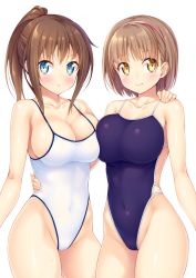 2girls blue_eyes blue_one-piece_swimsuit blush breast_press breasts brown_eyes brown_hair cleavage collarbone competition_school_swimsuit hairband hand_on_another&#039;s_shoulder highleg highleg_one-piece_swimsuit highres kazuma_(kazumav) large_breasts long_hair multiple_girls one-piece_swimsuit original ponytail school_swimsuit short_hair simple_background smile swimsuit white_background white_one-piece_swimsuit white_school_swimsuit yellow_eyes