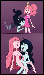 Rule 34 | 2girls, 2koma, adventure time, armpits, between breasts, bite mark, black border, black eyes, black hair, blush, boots, border, breasts, bulge, cleavage, comic, completely nude, cowboy shot, cropped jacket, crown, dress, erection, erection under clothes, closed eyes, fang, feet out of frame, floating, futa with female, futanari, groin, hand around neck, hand on another&#039;s head, highres, holding person, large breasts, long hair, long tongue, looking at another, looking at viewer, marceline abadeer, medium breasts, miscon, multiple girls, navel, nipples, nude, open mouth, penis, penis grab, penis peek, pink hair, ponytail, princess bonnibel bubblegum, purple background, raised eyebrows, skinny, smile, smug, testicles, tongue