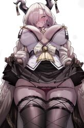 Rule 34 | 1girl, absurdres, azur lane, black skirt, blonde hair, blush, braid, breasts, breasts apart, brown gloves, brown horns, brown thighhighs, commentary, cowboy shot, earrings, fishnet gloves, fishnets, flashing, from below, gloves, grin, hair ornament, hair over one eye, hairpin, highres, horns, jewelry, jihua tong, large breasts, large horns, long hair, long sleeves, low twin braids, miniskirt, mole, mole under mouth, multi-strapped panties, owari (azur lane), panties, pleated skirt, red panties, simple background, skindentation, skirt, smile, solo, thighhighs, twin braids, underwear, very long hair, wet, white background, yellow eyes