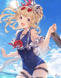 Rule 34 | 1girl, bag, blonde hair, blue eyes, blue one-piece swimsuit, cagliostro (granblue fantasy), cagliostro (summer) (granblue fantasy), commentary request, day, eyewear on head, garter straps, granblue fantasy, hair ornament, holding, holding bag, ivris, long hair, one-piece swimsuit, open mouth, outdoors, ponytail, signature, solo, sunglasses, sunlight, swimsuit, water, water drop