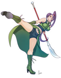 Rule 34 | 1girl, azu, bare shoulders, blush, boots, breasts, cross-laced footwear, dragon quest, dragon quest xi, full body, high heel boots, high heels, highres, kicking, lace-up boots, large breasts, long hair, martina (dq11), motion blur, navel, ponytail, purple eyes, purple hair, simple background, solo, white background