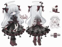 Rule 34 | 1girl, black dress, blunt bangs, blush stickers, boots, cake, cake slice, character sheet, commission, cross, dress, food, fork, frilled dress, frilled sleeves, frills, fruit, full body, grey hair, halo, highres, long hair, meyou 0319, original, pale skin, rabbit, red footwear, single blush sticker, solo, standing, strawberry, stuffed animal, stuffed rabbit, stuffed toy, white background, winding key, wings
