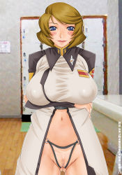 Rule 34 | 00s, 1girl, blonde hair, blue eyes, blurry, blurry background, blush, breast rest, breasts, covered erect nipples, gundam, gundam seed, gundam seed destiny, huge breasts, large breasts, looking at viewer, military, military uniform, navel, no bra, outline, panties, photo background, sakuradou, see-through, short hair, smile, solo, talia gladys, taut clothes, taut coat, text focus, underwear, uniform