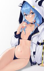Rule 34 | 1girl, absurdres, adapted costume, apple juice, arm support, ausseh1, bikini, bikini under clothes, blue bikini, blue choker, blush, breasts, choker, collarbone, drinking straw, eyelashes, feet out of frame, gradient background, grey background, hair between eyes, hand up, highres, holding, hololive, hood, hood up, hooded jacket, hoshimachi suisei, hoshimachi suisei (school uniform), jacket, juice, juice box, leaning to the side, long hair, long sleeves, navel, shadow, side-tie bikini bottom, sidelocks, sitting, small breasts, solo, star (symbol), star in eye, swimsuit, symbol in eye, virtual youtuber, white jacket