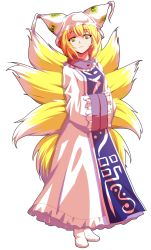 Rule 34 | 1girl, alphes (style), bad id, bad pixiv id, blonde hair, dairi, dress, female focus, fox tail, full body, hat, long sleeves, looking at viewer, multiple tails, parody, shoes, short hair, smile, solo, standing, style parody, tabard, tail, touhou, transparent background, white dress, wide sleeves, yakumo ran, yellow eyes