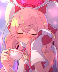 Rule 34 | 1girl, blush, breasts, cup, elf, closed eyes, highres, neneka (princess connect!), pink eyes, pink hair, pointy ears, princess connect!, small breasts, sw (taco), teacup, twintails