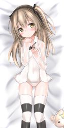Rule 34 | 1girl, bed sheet, black bow, black bowtie, black ribbon, black thighhighs, blush, boko (girls und panzer), bow, bowtie, brown eyes, closed mouth, collared shirt, covered navel, dress shirt, from above, girls und panzer, gluteal fold, hair ribbon, head tilt, langley1000, light brown hair, light frown, long hair, long sleeves, looking at viewer, loose bowtie, lying, no pants, on back, on bed, one-piece swimsuit, one side up, open clothes, open shirt, ribbon, school swimsuit, shimada arisu, shirt, solo, striped clothes, striped thighhighs, stuffed animal, stuffed toy, swimsuit, swimsuit under clothes, teddy bear, thighhighs, white one-piece swimsuit, white school swimsuit, white shirt