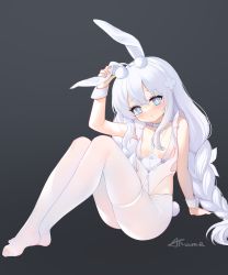 Rule 34 | + +, 1girl, ahoge, akuma (ogino-m), animal ears, arm support, arm up, azur lane, blue eyes, blush, braid, breast curtains, breasts, check commentary, choker, commentary request, crossed ankles, feet, full body, gradient background, hair between eyes, hairband, highleg, highleg leotard, highres, holding ears, knees up, le malin (azur lane), le malin (listless lapin) (azur lane), leotard, long hair, looking at viewer, no shoes, official alternate costume, pantyhose, parted lips, rabbit ears, rabbit tail, sidelocks, silver hair, simple background, sitting, small breasts, solo, tail, thigh strap, twin braids, very long hair, white choker, white hairband, white leotard, white pantyhose, wrist cuffs