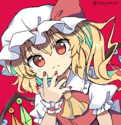 Rule 34 | 1girl, ascot, closed mouth, commentary, crystal, english commentary, flandre scarlet, hat, hat ribbon, highres, looking at viewer, mob cap, nail polish, one side up, ramudia (lamyun), red background, red eyes, red nails, ribbon, short sleeves, simple background, solo, touhou, twitter username, upper body, white hat, wings, wrist cuffs, yellow ascot