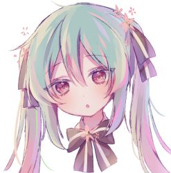 Rule 34 | 1girl, bad id, bad pixiv id, black bow, black ribbon, blush, bow, brown eyes, commentary request, green hair, hair between eyes, hair ribbon, hatsune miku, head, head tilt, long hair, looking at viewer, poyo (shwjdddms249), ribbon, simple background, solo, striped bow, striped ribbon, twintails, vocaloid, white background, wing collar