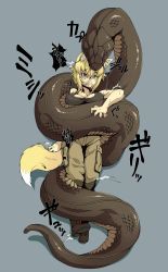 Rule 34 | 1girl, animal ears, avi attlee, blonde hair, boots, breast lift, breasts squeezed together, breasts, cargo pants, clenched teeth, coiled, female focus, highres, original, pants, snake, tail, teeth, vore, zawa (zawzawranran2)