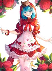 Rule 34 | &gt; &lt;, 1girl, animal, animal on head, apron, armlet, bad id, bad pixiv id, blue eyes, blue hair, blue nails, blush, bow legwear, commentary, dress, fingernails, flower, fox, fox on head, frilled apron, frilled dress, frills, hatsune miku, highres, hood, hood up, looking at viewer, mikuzukin (module), minttchocok, nail polish, object on head, on head, open mouth, project diva (series), puffy short sleeves, puffy sleeves, red dress, red flower, red hood, red rose, ribbon-trimmed dress, ribbon-trimmed legwear, ribbon trim, rose, short hair, short sleeves, solo, standing, stuffed wolf, symbol-only commentary, teeth, thighhighs, vocaloid, white apron, white thighhighs