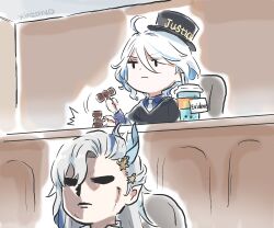 Rule 34 | 1boy, 1girl, alternate costume, artist name, bubble tea, chibi, commentary, contemporary, courtroom, cup, disposable cup, english commentary, furina (genshin impact), genshin impact, hat, necktie, neuvillette (genshin impact), vest, xinzoruo
