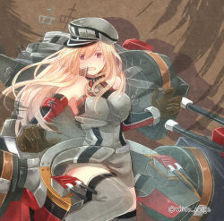 Rule 34 | 10s, 1girl, bismarck (kancolle), blonde hair, blue eyes, blush, breasts, brown gloves, cannon, detached sleeves, gloves, grey thighhighs, hat, kantai collection, large breasts, long hair, military, military hat, military uniform, peaked cap, personification, serino itsuki, solo, thighhighs, turret, uniform, white s
