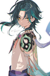 Rule 34 | 1boy, amaichi esora, arm tattoo, bead necklace, beads, black hair, closed mouth, detached sleeves, eyes visible through hair, facial mark, forehead mark, from side, genshin impact, green hair, highres, jewelry, long hair, looking at viewer, male focus, multicolored hair, necklace, parted bangs, shoulder pads, shoulder spikes, simple background, slit pupils, solo, spikes, tassel, tattoo, white background, xiao (genshin impact), yellow eyes