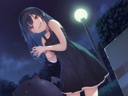 Rule 34 | 1girl, black dress, black hair, dress, hairband, lamppost, long hair, looking at viewer, night, night sky, open mouth, original, outdoors, own hands together, pokachu, red eyes, ribbon, sky, sleeveless, sleeveless dress, smile, solo, star (sky)