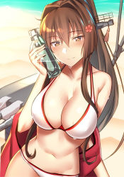 Rule 34 | 1girl, alternate costume, arm support, bad id, bad pixiv id, bare shoulders, beach, blush, bottle, breasts, brown eyes, brown hair, cannon, cleavage, collarbone, day, female focus, flower, hair flower, hair ornament, half-closed eyes, head tilt, headgear, holding, holding bottle, kantai collection, large breasts, long hair, looking at viewer, machinery, matching hair/eyes, navel, ocean, off shoulder, oil-paper umbrella, outdoors, pallad, ponytail, ramune, rigging, sand, sitting, smile, solo, sparkle, stomach, turret, umbrella, very long hair, wet, yamato (kancolle)