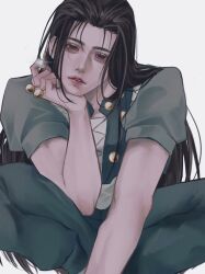 Rule 34 | 1boy, black eyes, black hair, green jacket, green pants, hand on own face, highres, holding, holding needle, hunter x hunter, illumi zoldyck, indian style, jacket, long hair, looking at viewer, male focus, needle, ozone o o, pants, pin, simple background, sitting, solo, white background