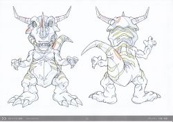 Rule 34 | 1boy, character sheet, claws, digimon, digimon (creature), digimon adventure tri., greymon, highres, horns, monochrome, monster, multiple views, no humans, official art, serious, simple background, solo, tail, white background