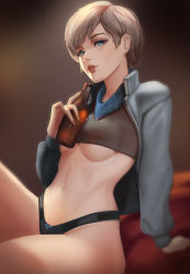 Rule 34 | 1girl, alcohol, arm support, beer bottle, black panties, blue bow, blue eyes, blue scarf, bottle, bow, bow panties, breasts, capcom, crop top, eyelashes, feet out of frame, female focus, fingernails, highres, holding, holding bottle, holy meh, jacket, lips, long sleeves, looking at viewer, navel, open clothes, open jacket, panties, parted lips, resident evil, resident evil 2, resident evil 6, scarf, sherry birkin, short hair, sitting, small breasts, solo, thick thighs, thighs, underboob, underwear