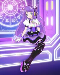 Rule 34 | 1girl, blue eyes, boots, detached collar, gloves, headphones, highres, kaguya madoka, long hair, official art, precure, purple hair, sitting, smile, solo, star twinkle precure, thigh boots, third-party source, white gloves